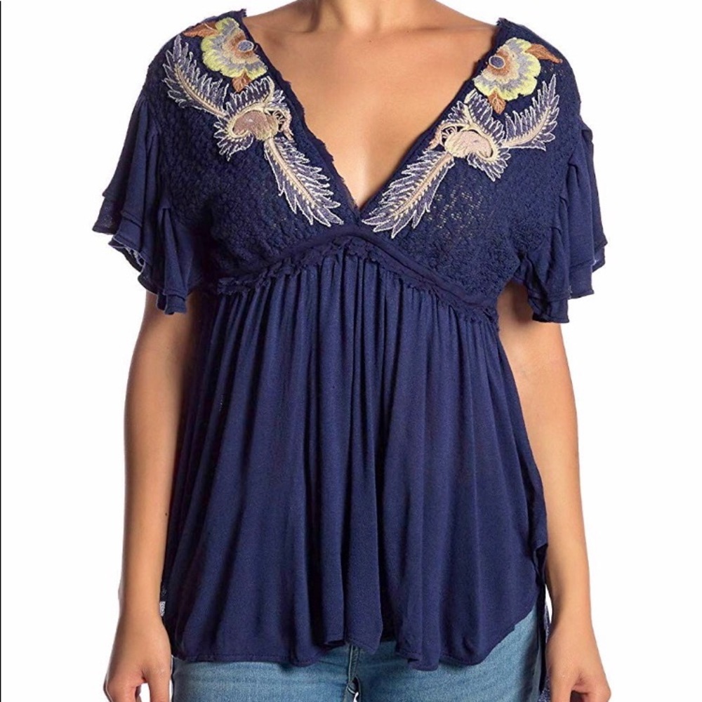 Free People Fiesta Embroidered Ruffle Sleeve Tunic